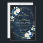 Romantische Waterverf Navy Ivory Floral Geometric Kaart<br><div class="desc">Donkerblauw-bruinbruinkoolfeest Uitnodiging met elegante bouquet van blauw,  koningsblauw,  wit,  goud,  champagne-ivoor,  zwarte kleur roos,  hydrangea,  ranunculus,  pony,  bloemknoppen en groene eucalyptusbladeren en elegante waterverf met ronde glitter geometrisch neutraal lijst. Neem contact met mij op voor hulp bij aanpassingen of als u een ander product nodig hebt met dit ontwerp.</div>