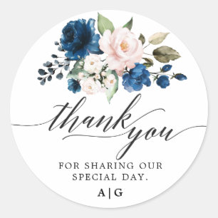 Romantische waterverf Navyblauwe Roze Bloem Ronde Sticker