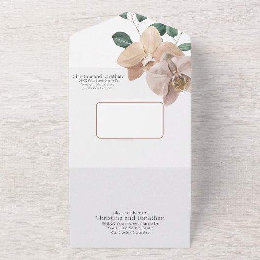 Romantische waterverf orchideeën all in one uitnodiging (Buitenkant)