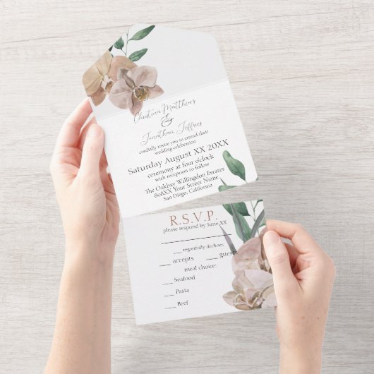 Romantische waterverf orchideeën all in one uitnodiging (Afscheurbaar)