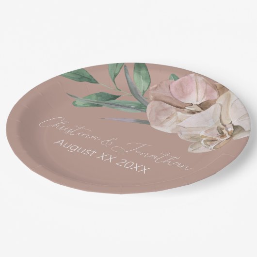 Romantische Waterverf Orchideeën op Dusty Blush Papieren Bordje (Gekanteld)