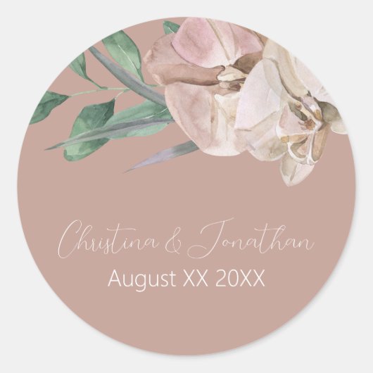 Romantische waterverf orchideeën op stoffige roze ronde sticker (Voorkant)