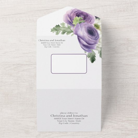 Romantische Waterverf Paars en White Ranunculus All In One Uitnodiging (Buitenkant)