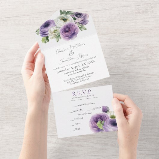 Romantische Waterverf Paars en White Ranunculus All In One Uitnodiging (Afscheurbaar)