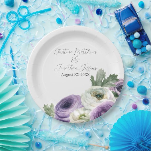 Romantische Waterverf Paars en White Ranunculus Papieren Bordje (Feest)