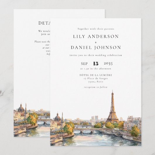 Romantische Waterverf Parijs Frankrijk QR Code Huw Kaart (Voorkant / Achterkant)