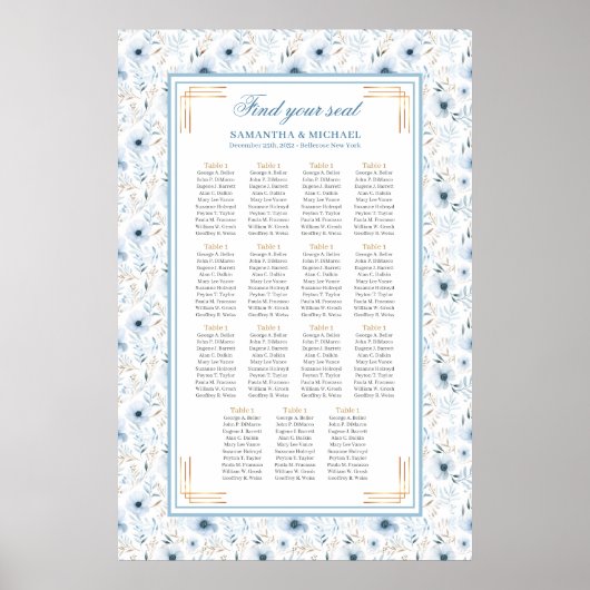 Romantische Waterverf Pastel Blauw Goud Zitplaatsk Poster (Voorkant)