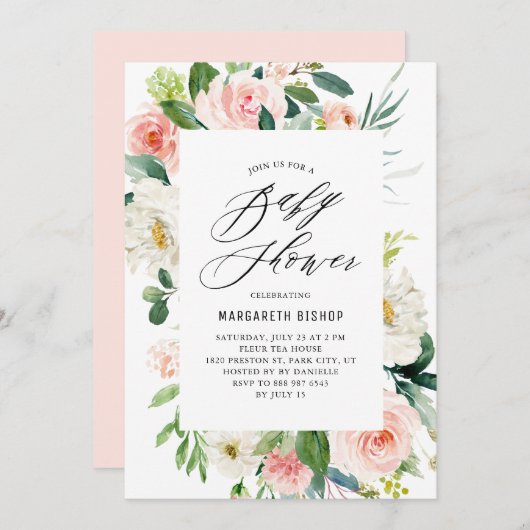 Romantische Waterverf Peach Florals Baby shower Kaart (Voorkant / Achterkant)