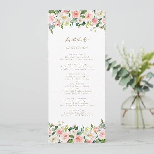 Romantische Waterverf Peach Florals Gold Menu (Staand voorkant)