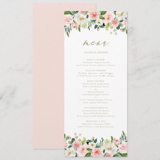 Romantische Waterverf Peach Florals Gold Menu (Voorkant / Achterkant)