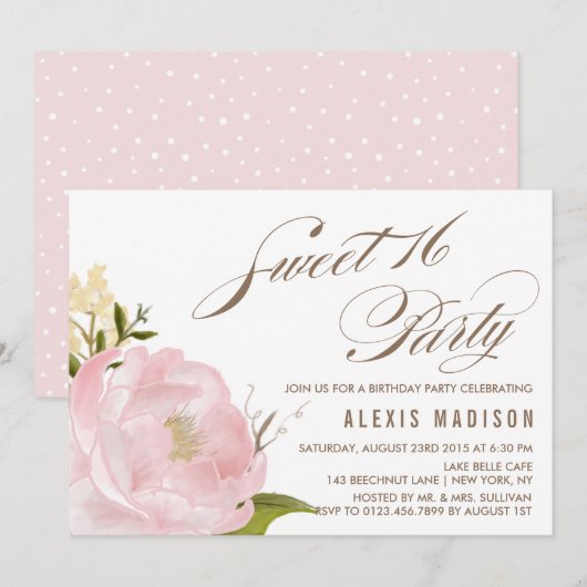 Romantische Waterverf Peony Sweet 16 Verjaardagsfe Kaart (Voorkant / Achterkant)