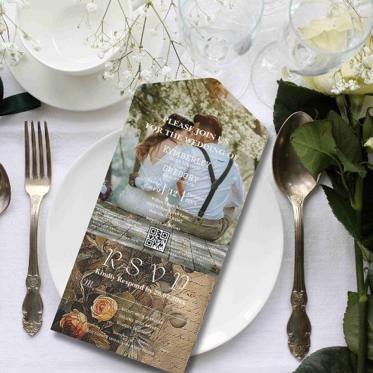 Romantische Waterverf Perzik Roos QR Code All In One Uitnodiging