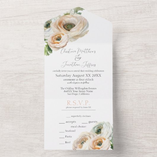 Romantische Waterverf Ranunculus in Perzik en Ivoo All In One Uitnodiging (Binnen)