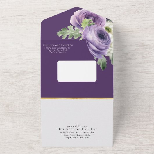 Romantische Waterverf Ranunculus op donker Paars All In One Uitnodiging (Buitenkant)