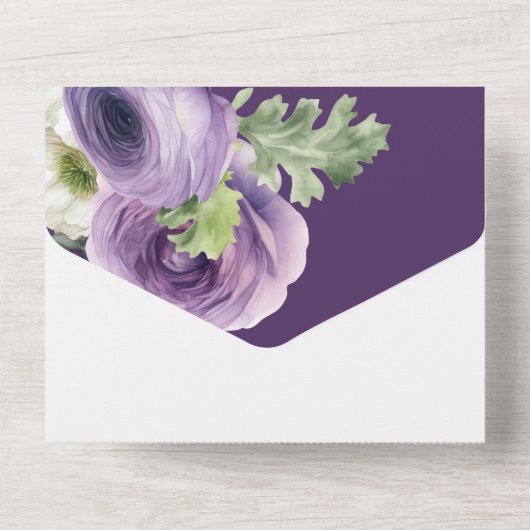 Romantische Waterverf Ranunculus op donker Paars All In One Uitnodiging (Achterkant)