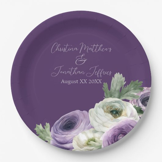 Romantische Waterverf Ranunculus op Donkerpaars Papieren Bordje (Voorkant)