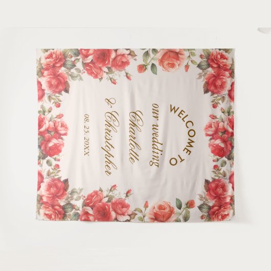 Romantische Waterverf Red Roses Huwelijk Welkom Wandkleed (Voorkant (horizontaal))