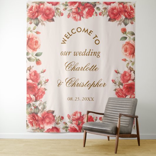 Romantische Waterverf Red Roses Huwelijk Welkom Wandkleed (In situ)
