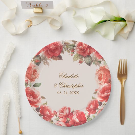 Romantische Waterverf Rode Rozen Bloemen Huwelijk Papieren Bordje (Huwelijk)