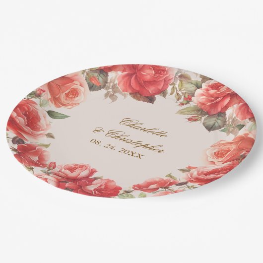 Romantische Waterverf Rode Rozen Bloemen Huwelijk Papieren Bordje (Gekanteld)