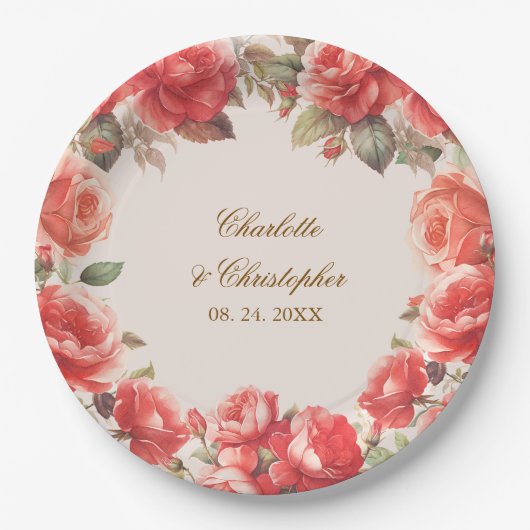 Romantische Waterverf Rode Rozen Bloemen Huwelijk Papieren Bordje (Voorkant)