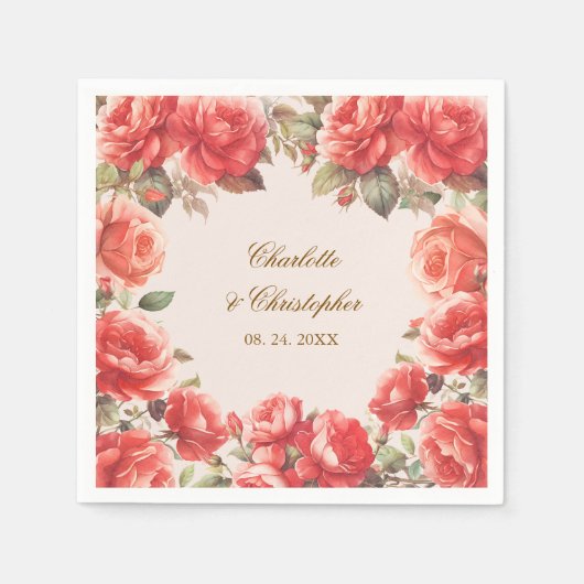 Romantische Waterverf Rode Rozen Bloemen Huwelijk Servet (Voorkant)