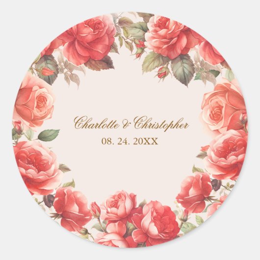 Romantische Waterverf Rode Rozen Bloemige Trouwdag Ronde Sticker (Voorkant)