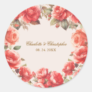 Romantische Waterverf Rode Rozen Bloemige Trouwdag Ronde Sticker