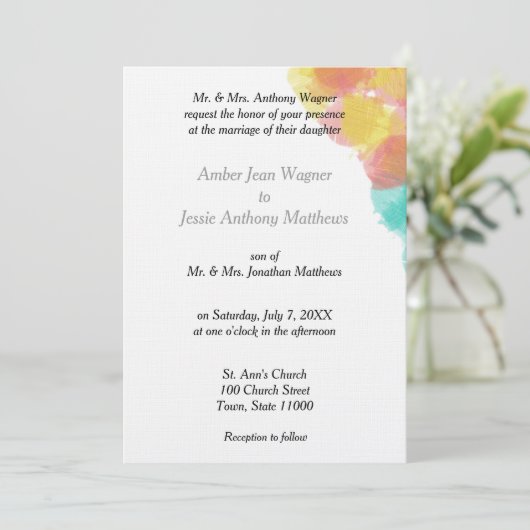 Romantische Waterverf Roze Blauwe Gele Weddenschap Kaart (Staand voorkant)