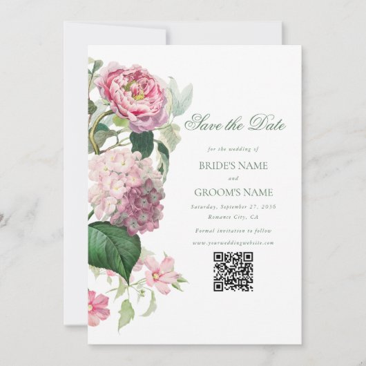 Romantische Waterverf Roze Bloemen Foto Bruiloft Save The Date (Voorkant)
