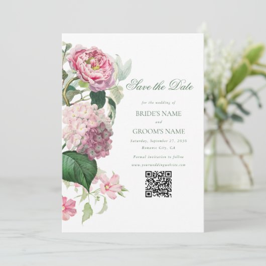 Romantische Waterverf Roze Bloemen Foto Bruiloft Save The Date (Staand voorkant)