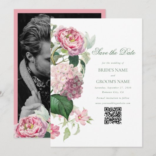 Romantische Waterverf Roze Bloemen Foto Bruiloft Save The Date (Voorkant / Achterkant)