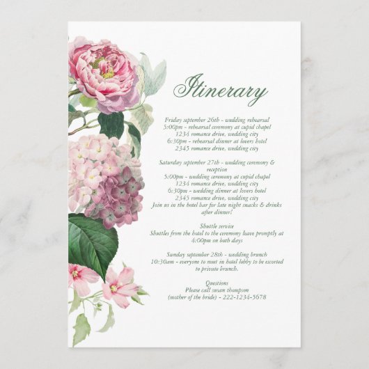 Romantische Waterverf Roze Bloemen Trouwroute Programmakaart (Achterkant)