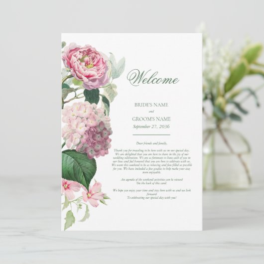 Romantische Waterverf Roze Bloemen Trouwroute Programmakaart (Staand voorkant)