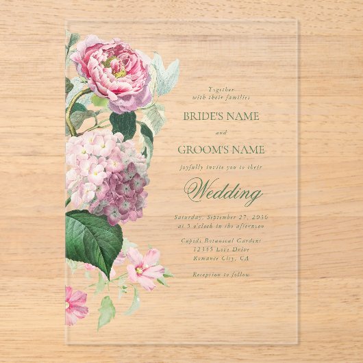 Romantische Waterverf Roze Bloemen Tuin Bruiloft Acryl Uitnodigingen (Voorkant)