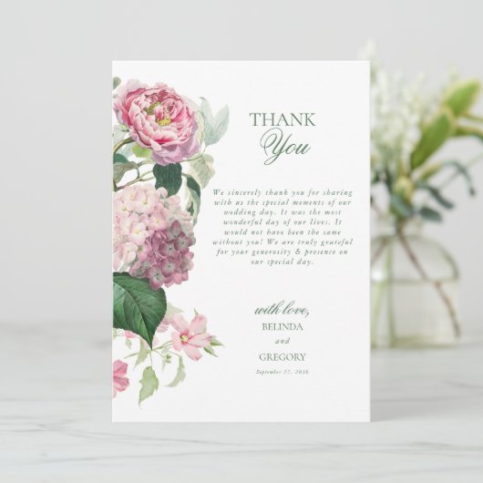 Romantische Waterverf Roze Bloemen Tuin Bruiloft Bedankkaart (Staand voorkant)