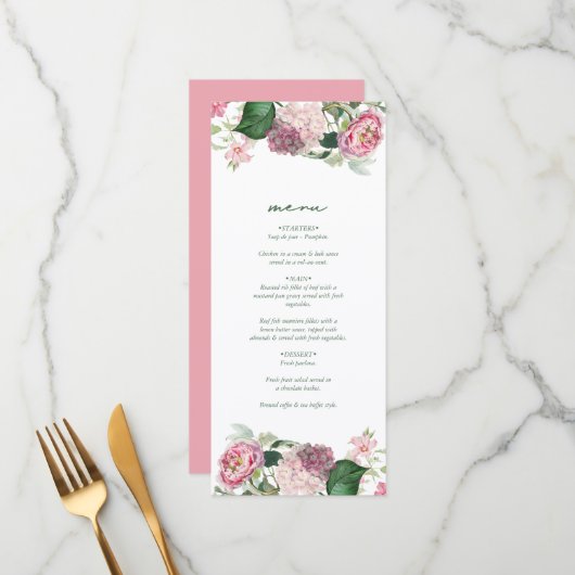 Romantische Waterverf Roze Bloemen Tuin Bruiloft Menu (Voorkant / Achterkant in situ)