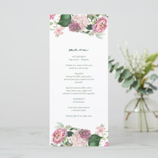 Romantische Waterverf Roze Bloemen Tuin Bruiloft Menu (Staand voorkant)