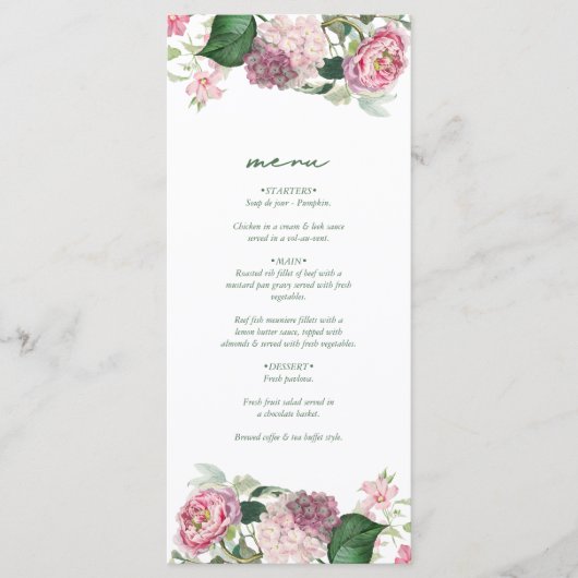Romantische Waterverf Roze Bloemen Tuin Bruiloft Menu (Voorkant)