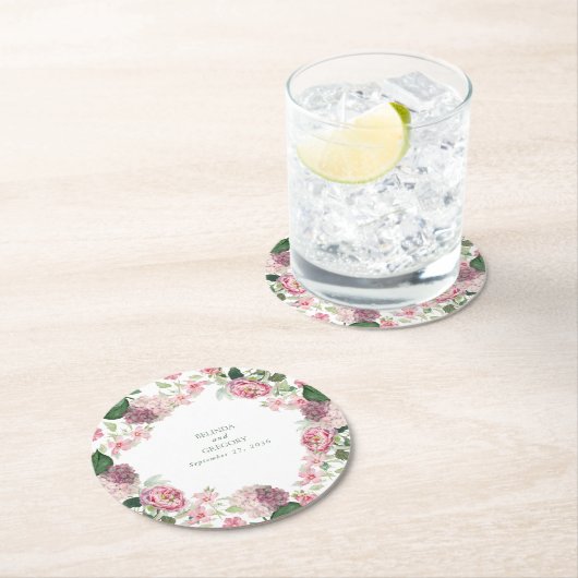 Romantische Waterverf Roze Bloemen Tuin Bruiloft Ronde Kartonnen Onderzetter (Insitu)