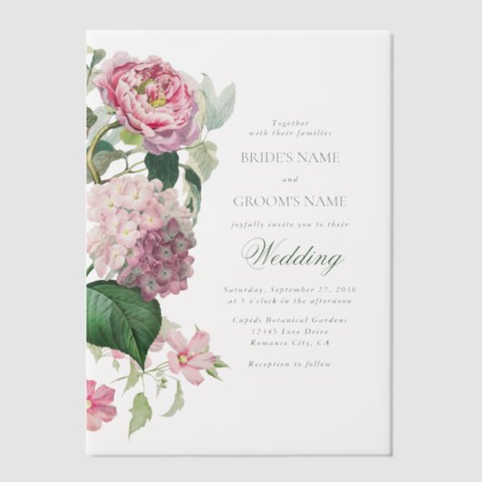 Romantische Waterverf Roze Bloemen Tuin Bruiloft Vellum Uitnodigingen (Voorkant)