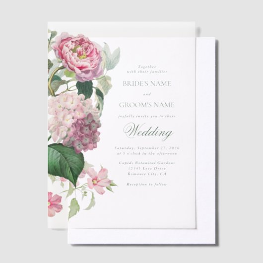 Romantische Waterverf Roze Bloemen Tuin Bruiloft Vellum Uitnodigingen (Offset)