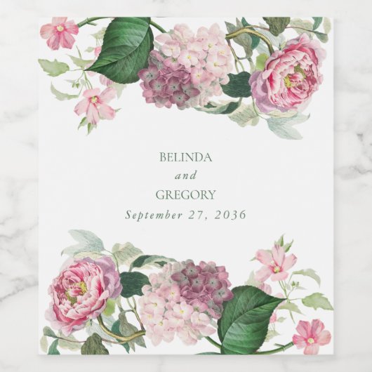 Romantische Waterverf Roze Bloemen Tuin Bruiloft Wijn Etiket (Enkel label)