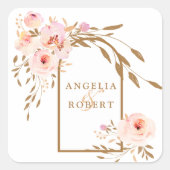 Romantische Waterverf Roze Blush Gold Rozen Vierkante Sticker (Voorkant)