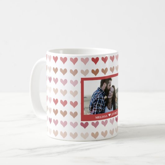 Romantische Waterverf Roze Harten Koppel Naam Foto Koffiemok (Voorkant links)