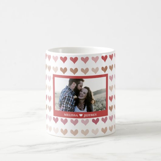 Romantische Waterverf Roze Harten Koppel Naam Foto Koffiemok (Center)