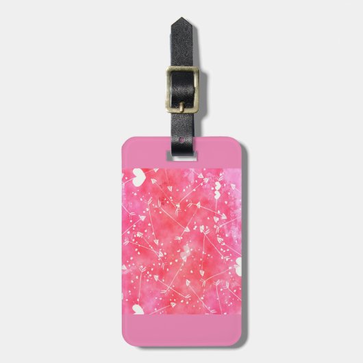 Romantische Waterverf Roze Harten & Pijlen Patroon Bagagelabel (Voorkant verticaal)
