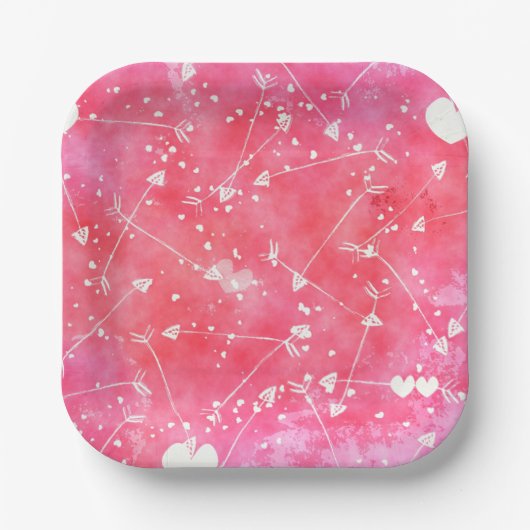 Romantische Waterverf Roze Harten & Pijlen Patroon Papieren Bordje (Voorkant)