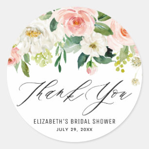 Romantische waterverf roze perzik bloemen bedankt ronde sticker