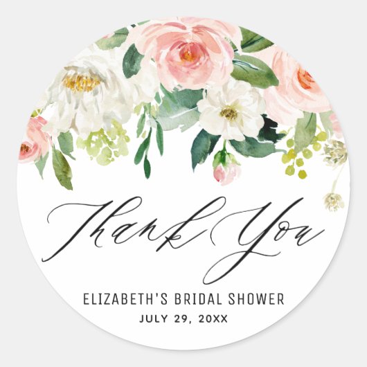 Romantische Waterverf Roze Perzik Bloemen Bedankt Ronde Sticker (Voorkant)